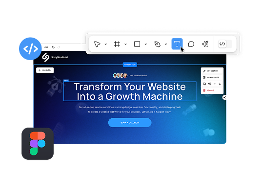 Screenshot of a website editing interface showing a page with the headline 'Transform Your Website Into a Growth Machine' and a 'Book a Call Now' button, with editing tools and Figma logo overlayed.