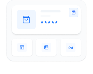 A digital interface with icons for a shopping bag, a star rating, and navigation options, set against a white background.