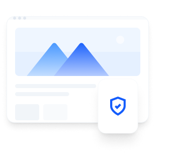Computer screen displaying a landscape image with two blue mountains and a light sky, accompanied by a security shield icon.