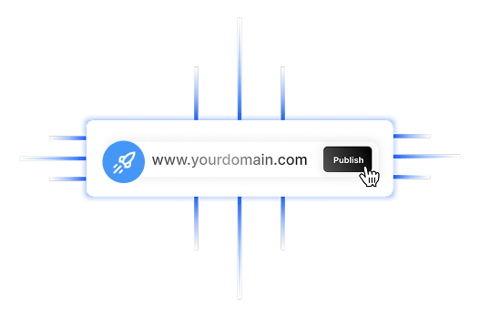 A website domain input box with a rocket icon on the left and a black 'Publish' button on the right, surrounded by colorful digital design elements.