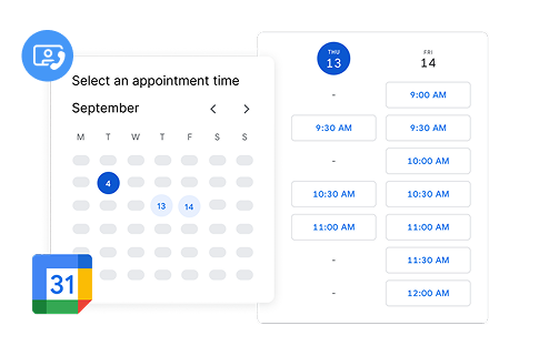 Calendar app displaying September 13th with available appointment times from 9:00 AM to 12:00 PM, and a period selection interface showing time slots from 9:30 to 11:30 AM.