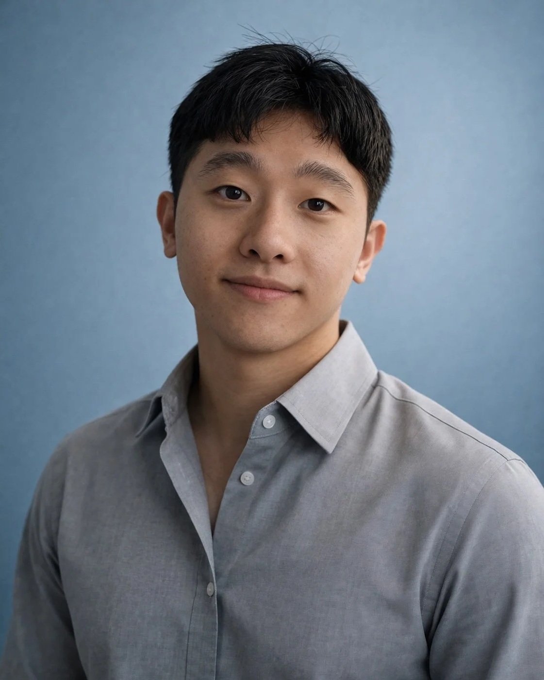 A young man with dark hair and a light gray dress shirt smiling in front of a plain blue background.