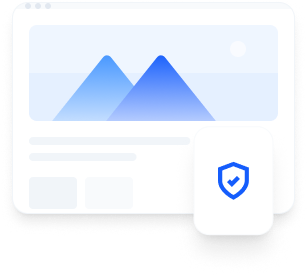 Computer screen displaying a webpage with mountains and a shield icon on a mobile device.