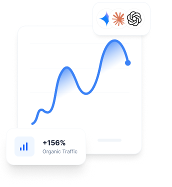 A digital line graph showing an upward trend in organic traffic with a peak, and icons of a sun and a blue star at the top.