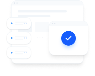 Digital interface showing a list with blue dots and a large white checkmark icon.