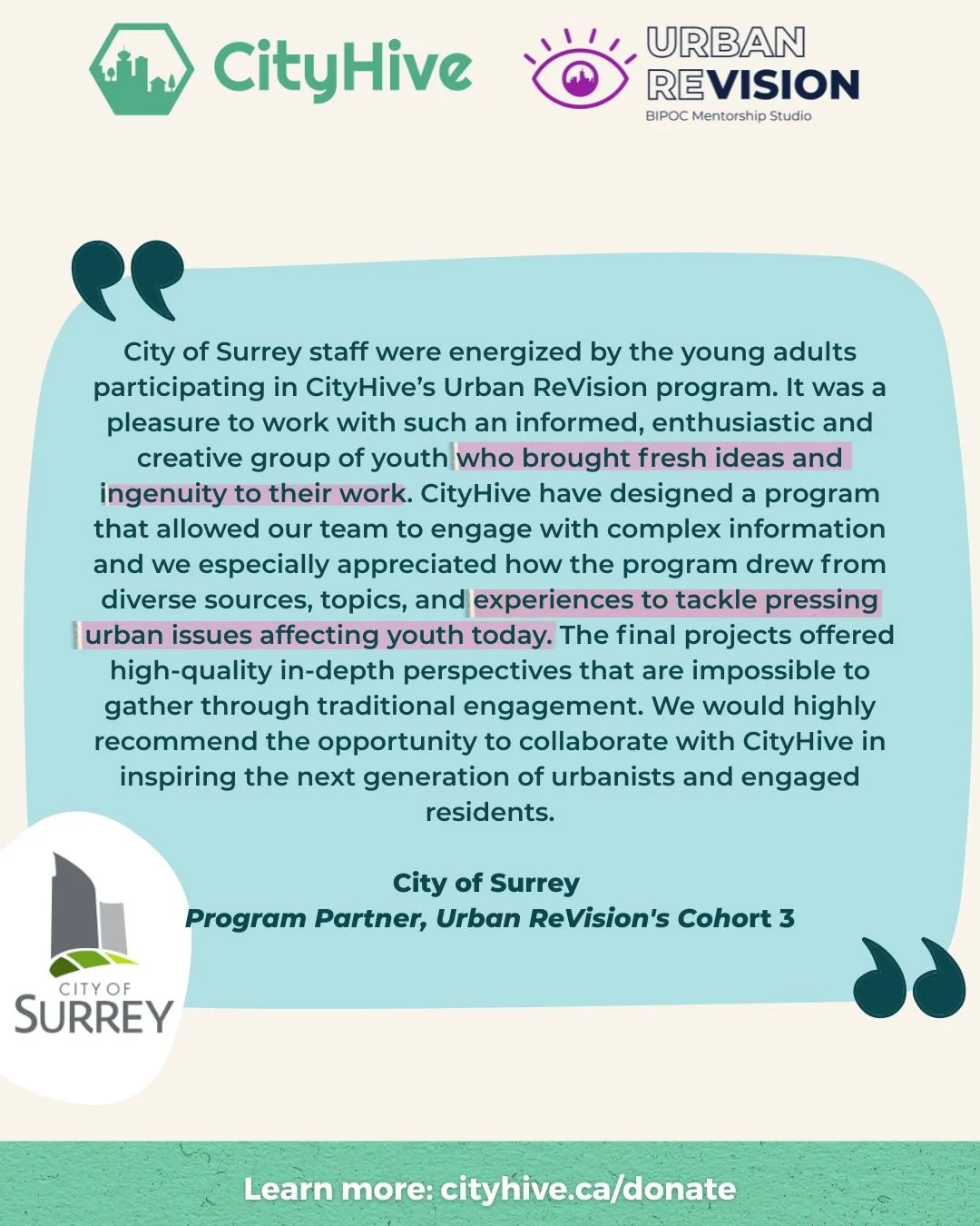 Through CityHive&rsquo;s Urban ReVision program, young people are bringing their energy, creativity, and lived experiences to the complex challenges our cities face. With their voices at the table, we are building communities that reflect and respond