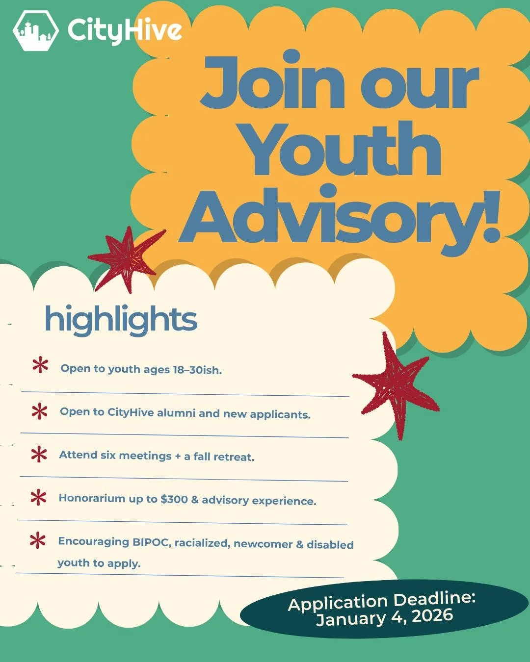 We&rsquo;re excited to share that applications are now open for the CityHive Youth Advisory (CHYA)! 🌟

 The CHYA is a group of 13 youth who play a vital role in shaping CityHive&rsquo;s priorities, strategies, and programs, and we&rsquo;re looking f