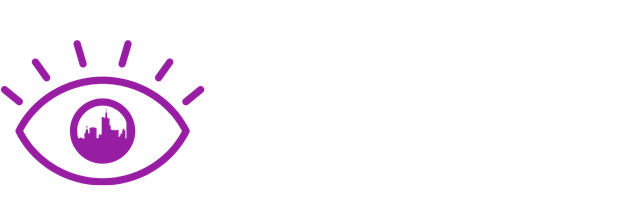 Urban ReVision logo with white text and a purple eye with a city skyline in the middle