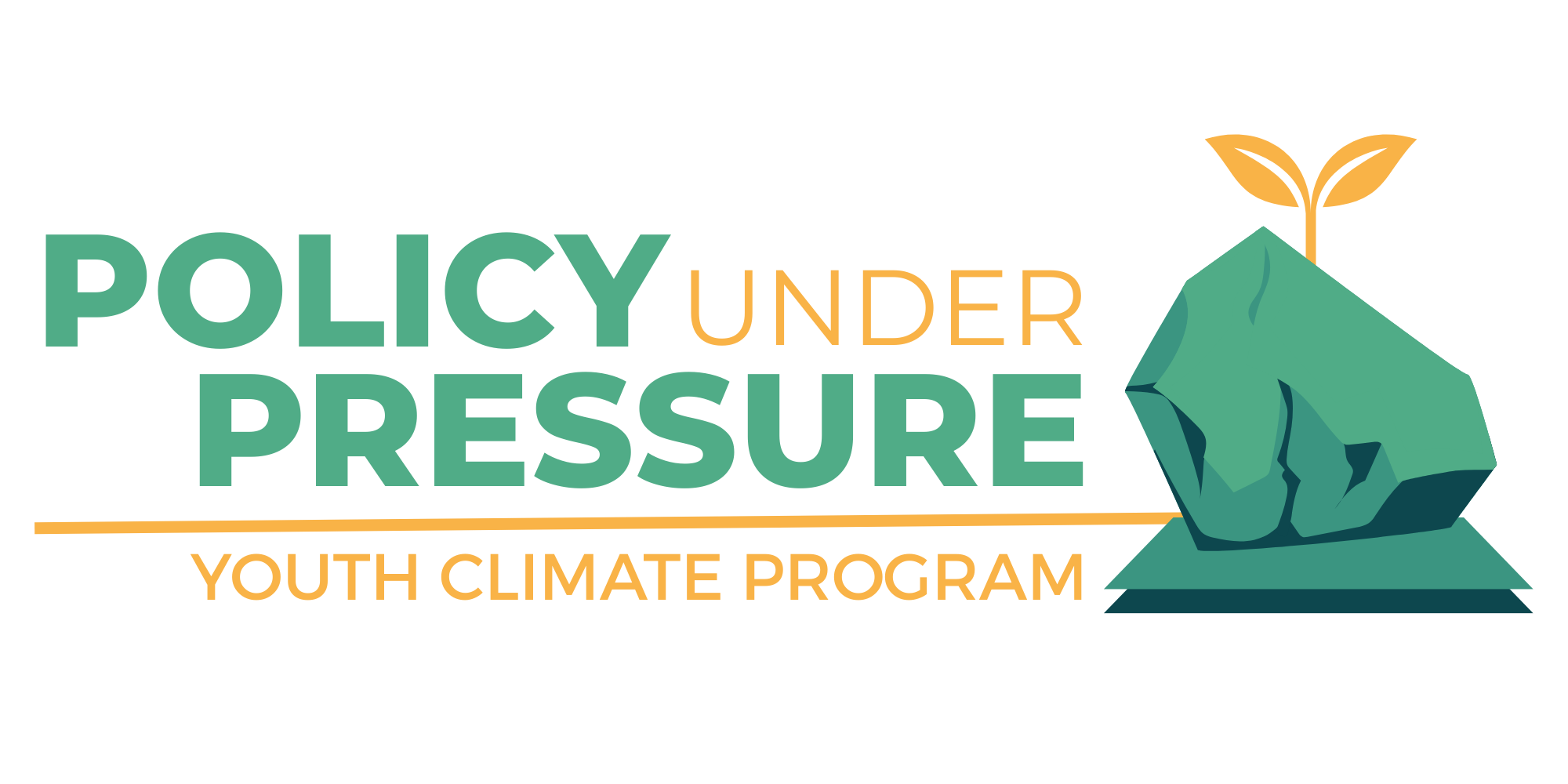Policy Under Pressure Youth Climate Program logo in teal and yellow, with a sprout coming out of a rock on the right side.