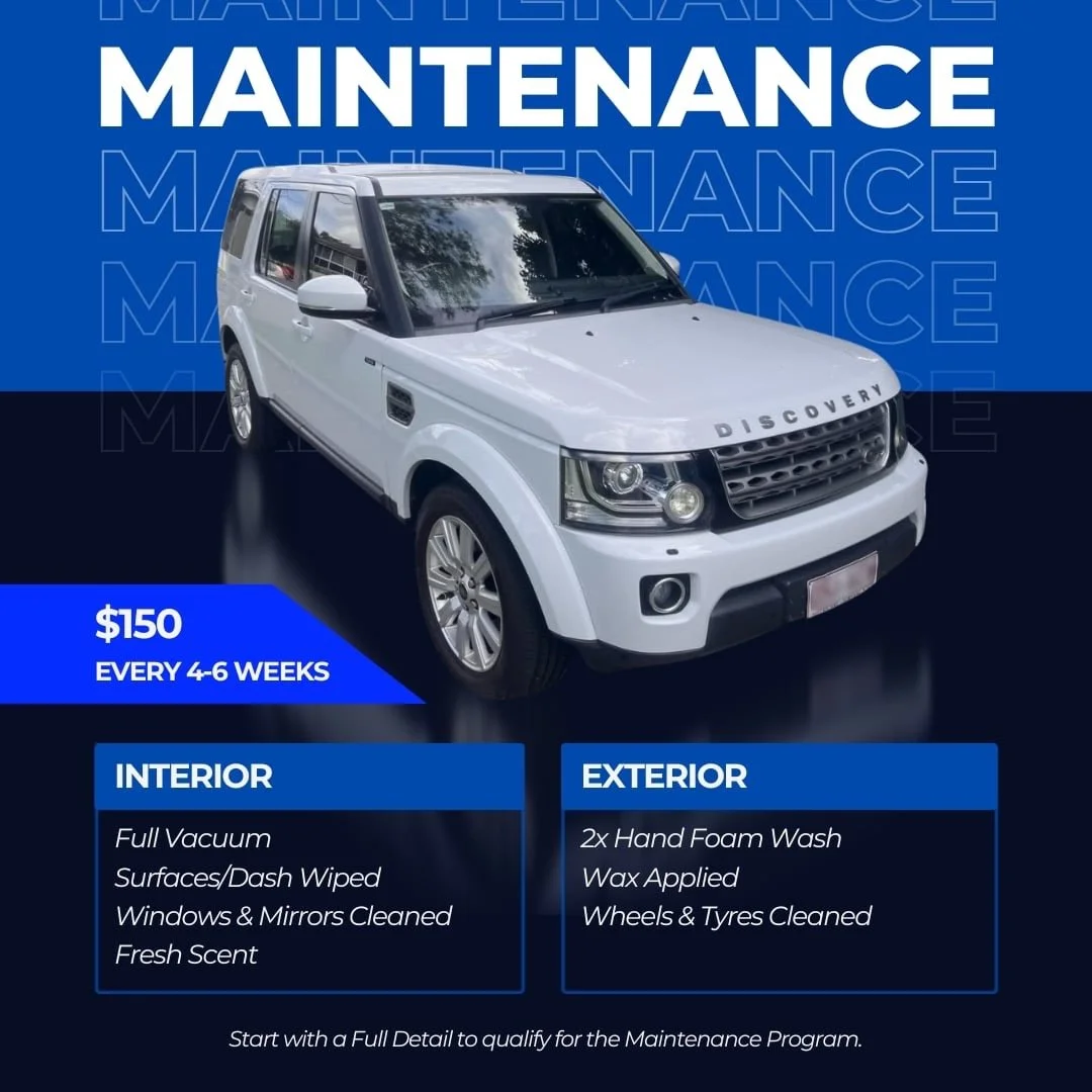 White Land Rover Discovery SUV in front of a blue background with text about vehicle maintenance services and costs.