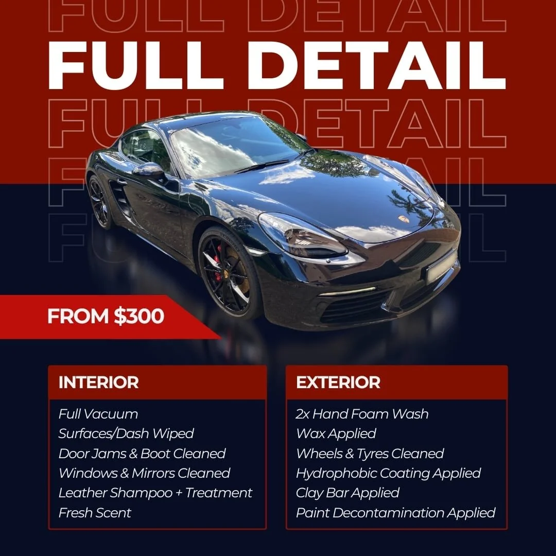 A promotional poster featuring a black sports car with detailed cleaning services listed, including interior and exterior care, with a red and dark background.