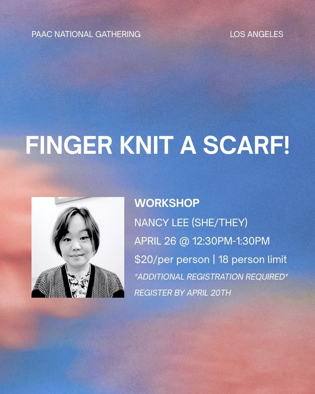 Learn and practice finger knitting with fiber artist Nancy Lee(@handmadebynensh)!

We will make cozy scarves, creating and learning in community with no expectations of perfection or productivity. The physical act of finger-knitting with soft yarns w