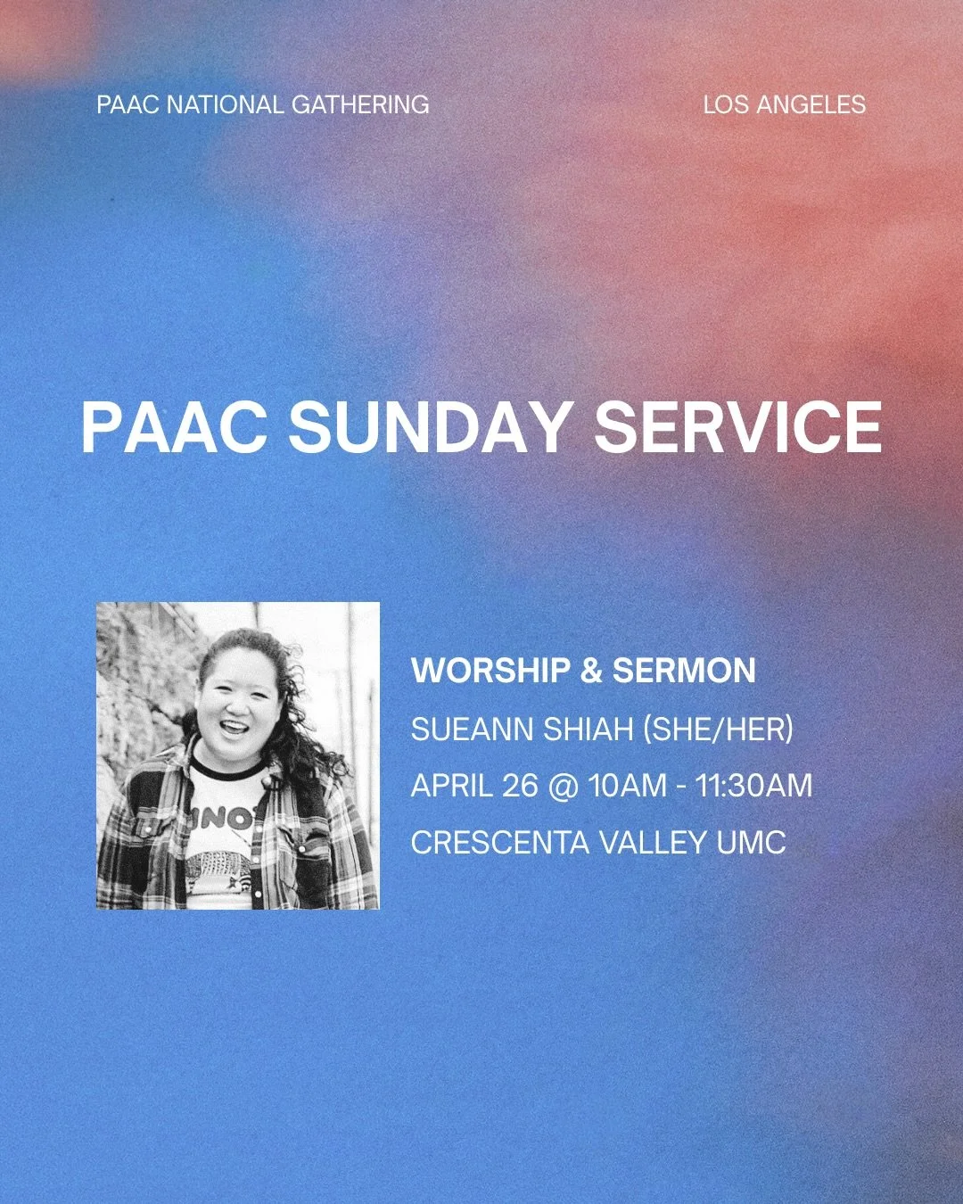 Sunday Service at PAAC National Gathering???

AW YEAH! We are thrilled to have our very own SueAnn Shiah lead Sunday service with worship and a sermon. It&rsquo;s going to be special so we can&rsquo;t wait to see you there!

Did you register for our 