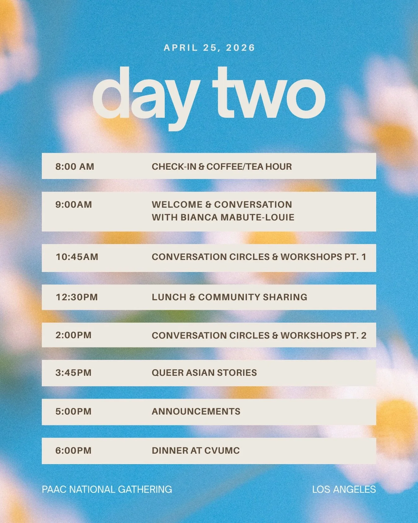 Day 2 Schedule 😍

Is a PAAC&rsquo;d day (did you get it? 😂)

Lots of things are happening but it&rsquo;s going to be fun! Visit our website to see the full schedule and their descriptions 🫶

If you have any questions, please send an email to aya@p