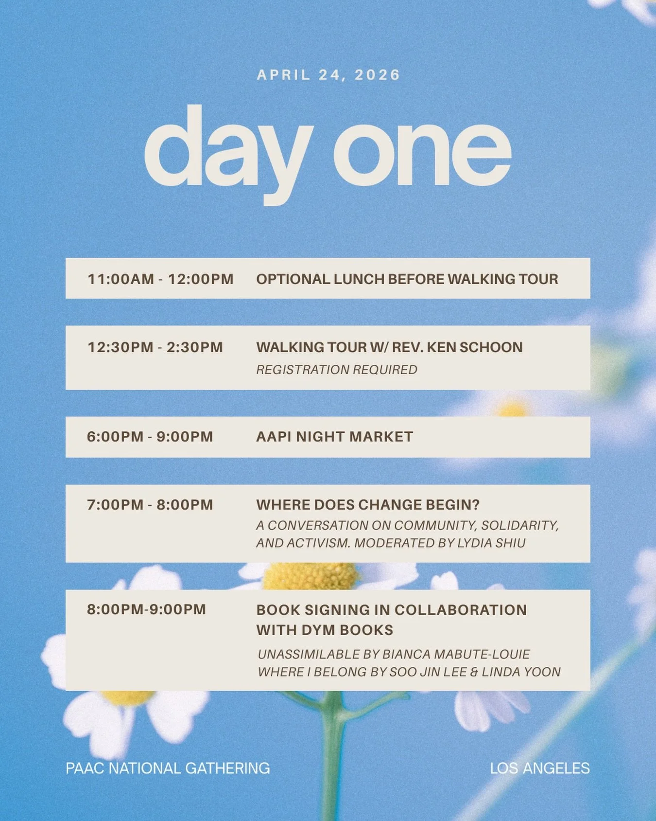 Day 1 Schedule 🤩

First day is a chill one but nevertheless fun 💅

If you have any questions, please send an email to aya@paachristians.org☺️
_______________________________
About PAAC National Gathering:
PAAC is turning ten this year! To commemora
