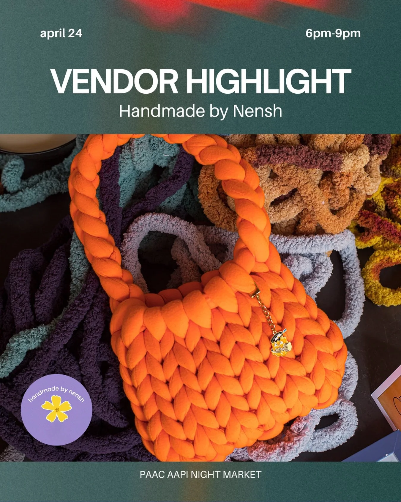 Vendor Highlight: Handmade by Nensh @handmadebynensh 

Nancy Lee (she/they) is a self-taught fiber artist known for her colorful giant yarn bags and other handmade creations. Their latest experiments feature maedup, Korean traditional knots, as weara