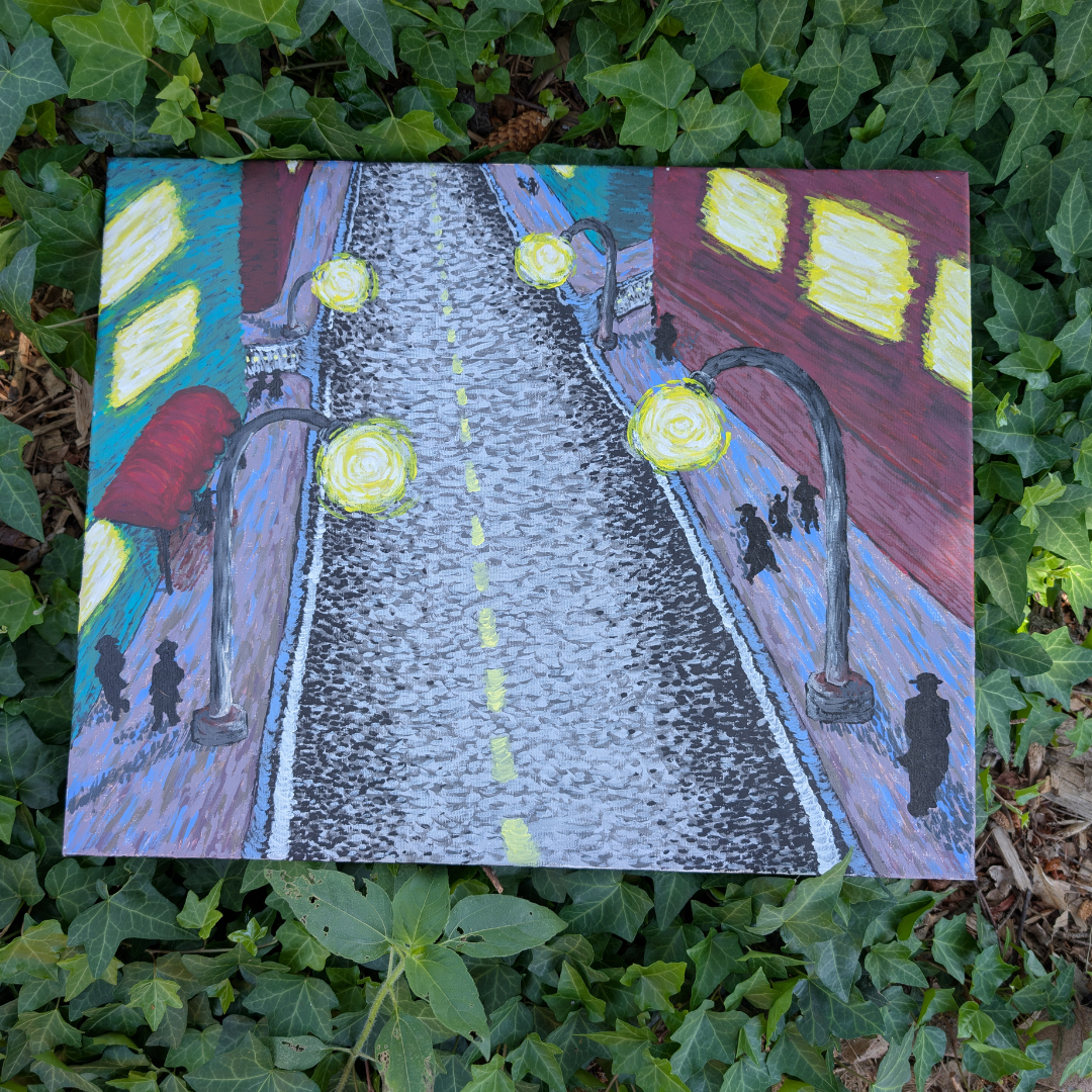 A painting of a city street scene with street lamps, buildings, and people walking, surrounded by green ivy leaves.