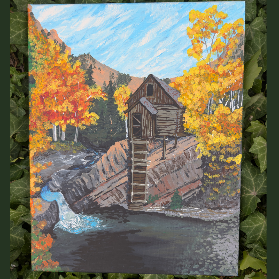 Autumn landscape painting of a rustic wooden mill beside a flowing river, surrounded by orange and yellow trees and mountain background under a blue sky.