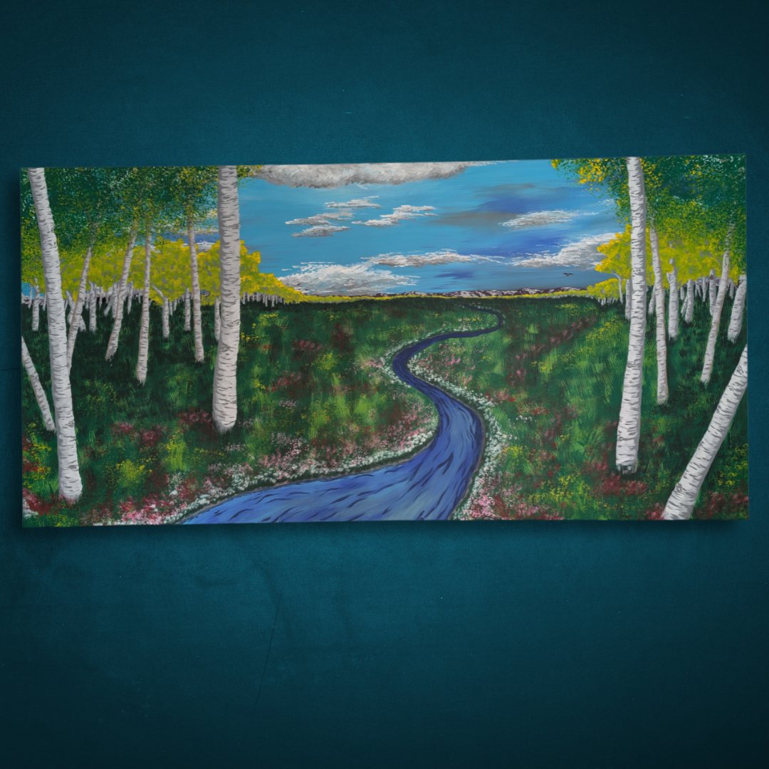 Landscape painting of a forest with white birch trees, a winding blue river, colorful flowers, green grass, and a cloudy sky.