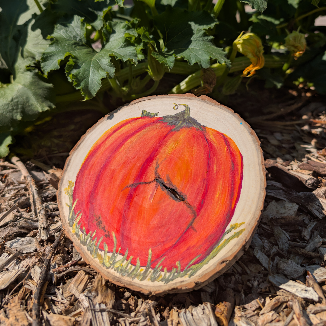 A painted wooden disc featuring a large orange and red pumpkin with a crack, resting on wood mulch in a garden with green leafy plants.