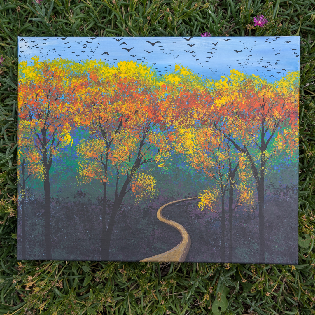 Painting of a winding dirt path through a forest with colorful fall foliage in yellow, orange, and green, and a blue sky with flying birds.