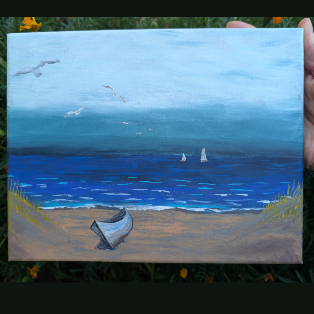 Painting of a beach scene with a small boat on the sand, seagulls flying overhead, sailboats on the water, and grassy dunes in the background.