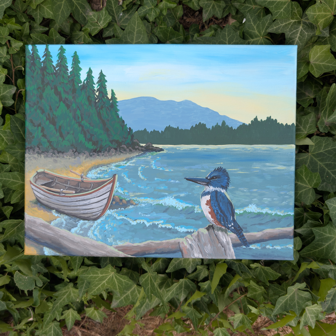 A landscape painting depicting a river scene with a rowboat on the shore, lush green trees, mountain in the background, and a kingfisher bird perched on a log in the foreground, surrounded by green ivy.