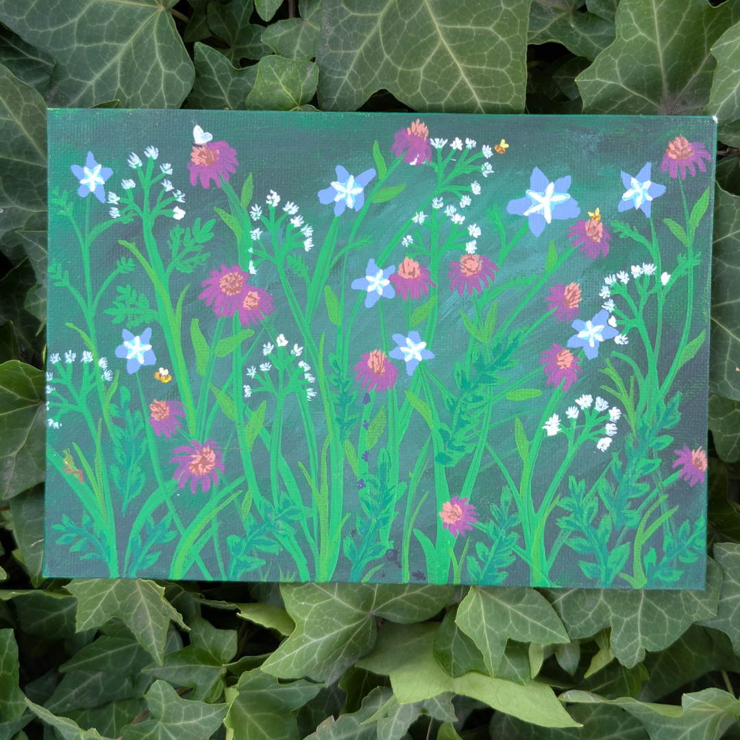 Painting of wildflowers with purple, blue, and white blossoms on a green background, surrounded by ivy leaves.