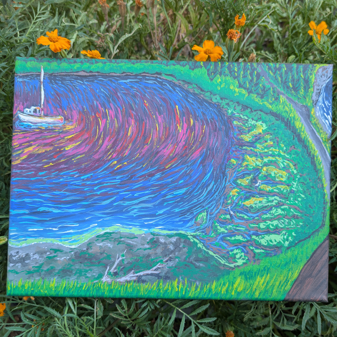 A vibrant, colorful painting of a river with a boat on the left side, with swirling water and lush green hills surrounding it, set outdoors among orange flowers.