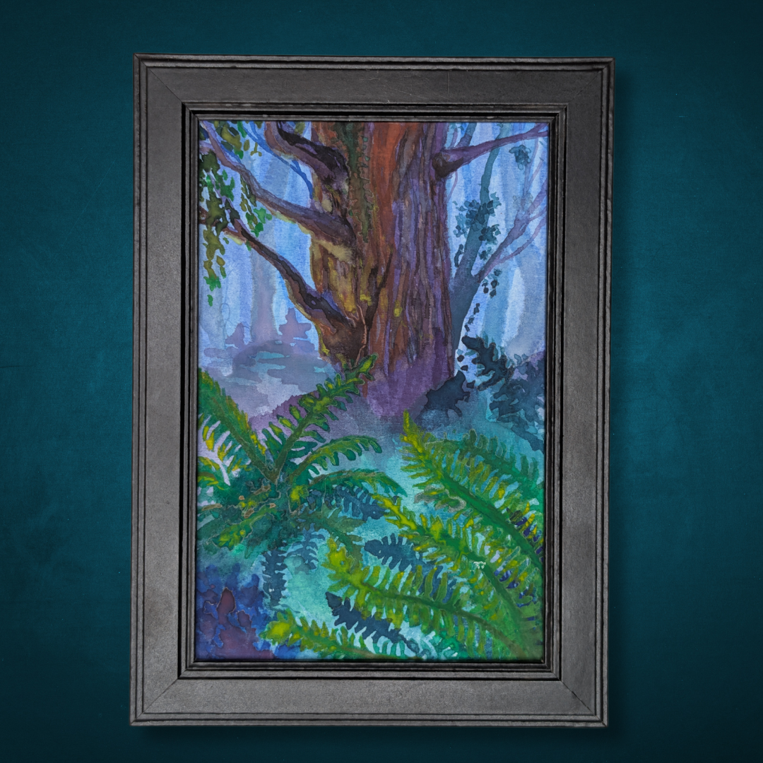 Watercolor painting of a large tree with ferns in a misty forest, framed in black, hanging on a teal-colored wall.