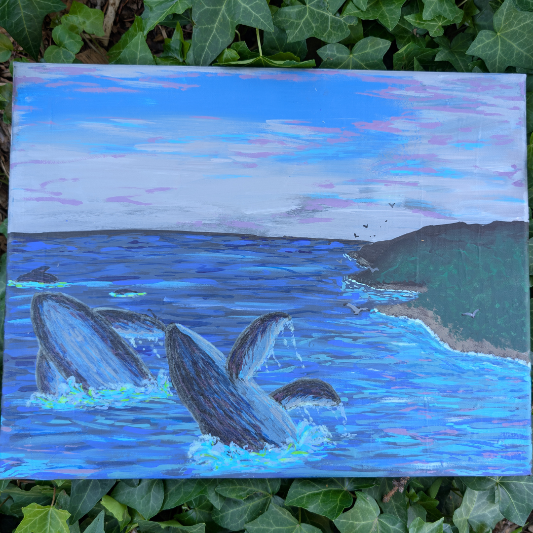 Painting of a whale breaching the ocean surface near a green coastline during sunset or sunrise.