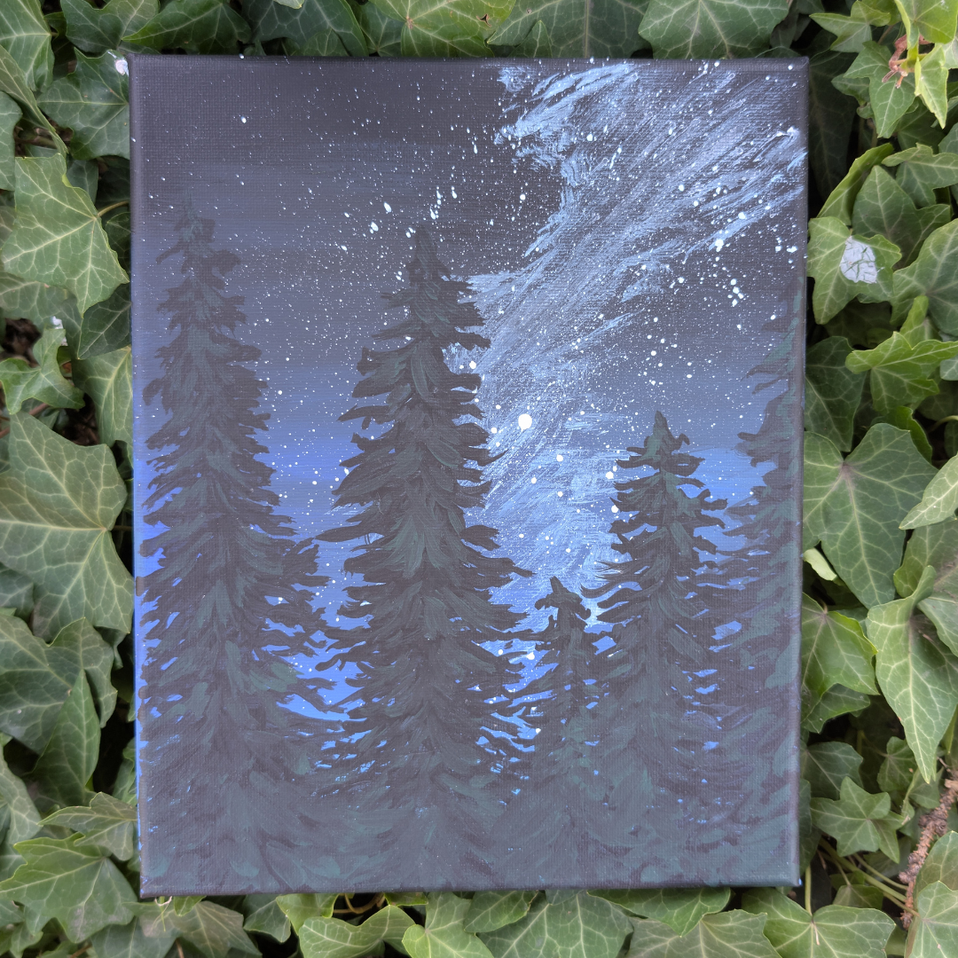 A painting of a night sky with stars and a glowing galaxy, with silhouettes of tall pine trees in the foreground, surrounded by green ivy leaves.