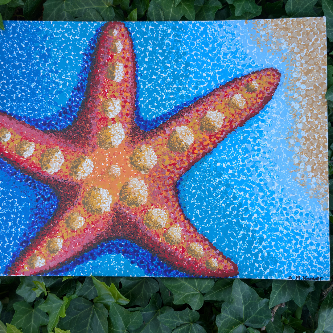 A painted starfish with orange and red hues on a blue background.