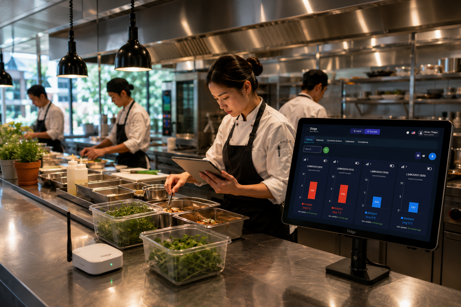 Chefs using Didge's digital food safety management system in a professional kitchen at Andaz Singapore.