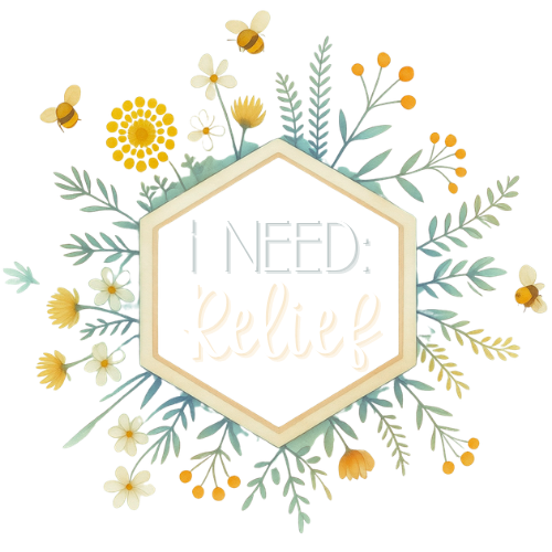 A decorative sign with the words "Need Relax" inside a hexagon, surrounded by yellow and white flowers, green leaves, and small bees.