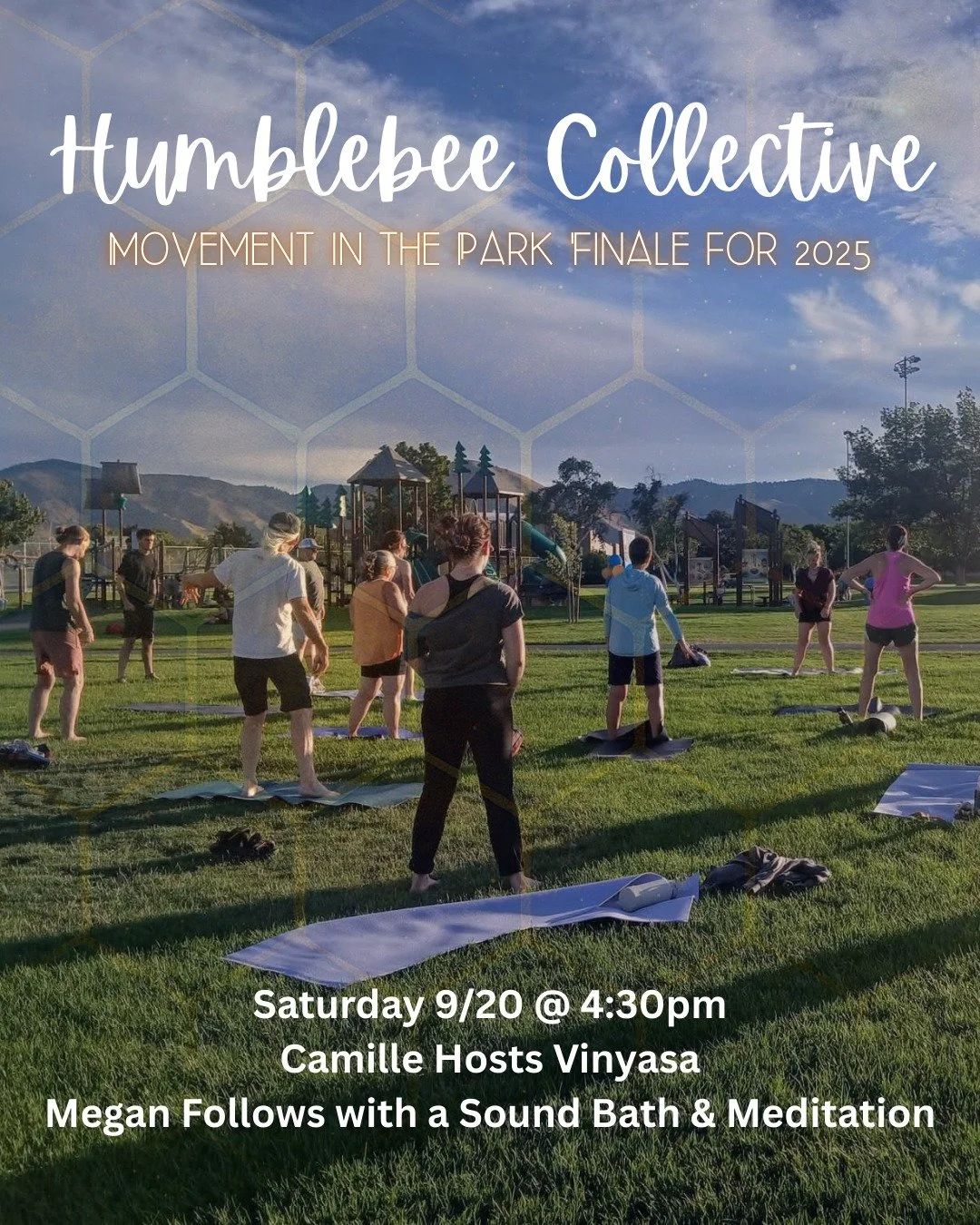 Group of people practicing yoga outdoors in a park at sunset, with playground equipment in the background, promoting a community event for the Humblebee Collective on September 20, 2025, hosted by Camille and Megan.