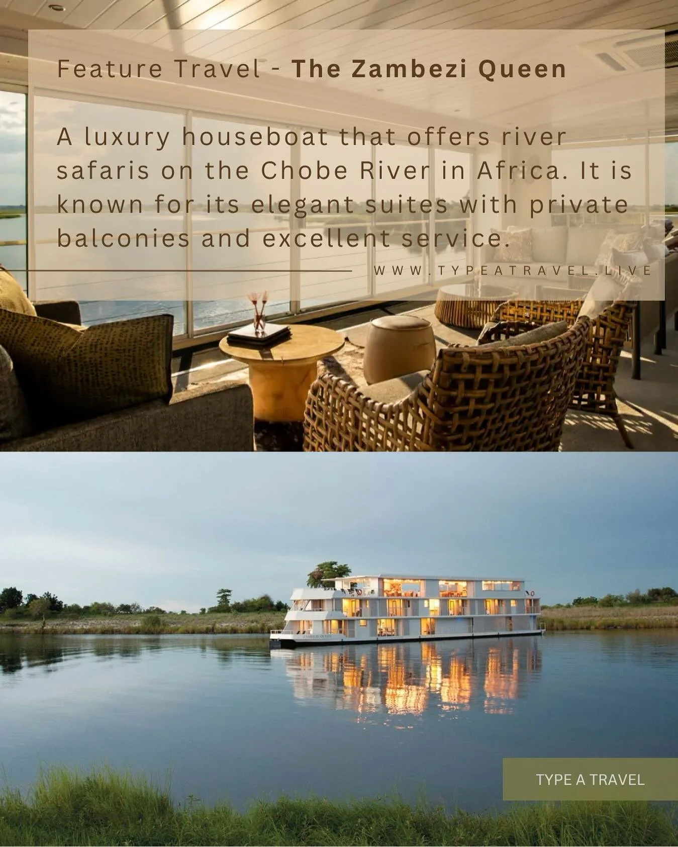 Featured Escape: The Zambezi Queen 🐘🌅

Imagine drifting down the Chobe River, glass of wine in hand, watching elephants wade at sunset. The Zambezi Queen is a floating safari lodge&mdash;luxury meets wild in the best way.

No repacking. No stress. 