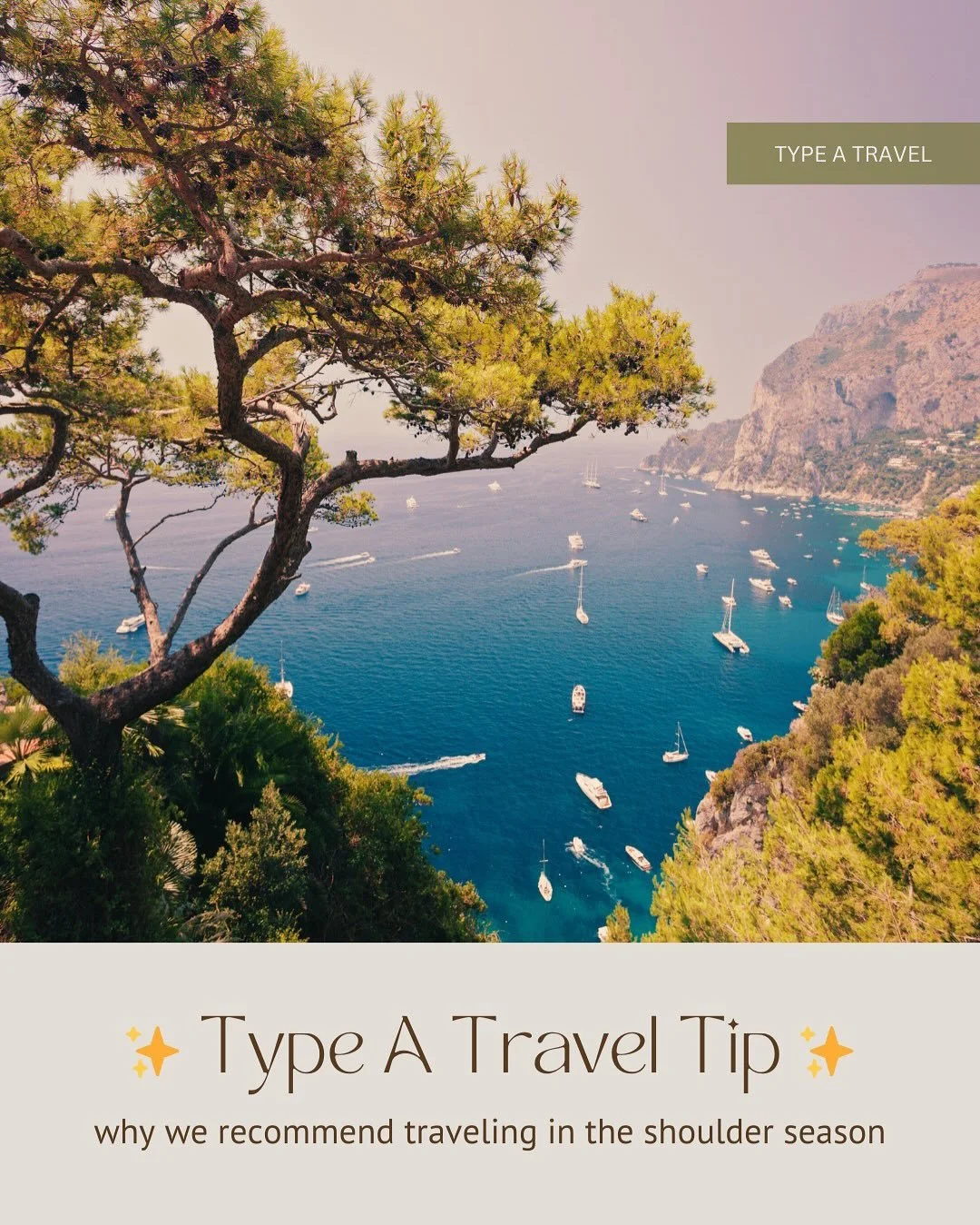 ✨Type A Travel Tip✨
Traveling in the shoulder season means fewer crowds, better prices, and more authentic experiences. It&rsquo;s our favorite way to see the world 🌍✈️

📅 Ready to start planning smarter? Let&rsquo;s design your next trip together.