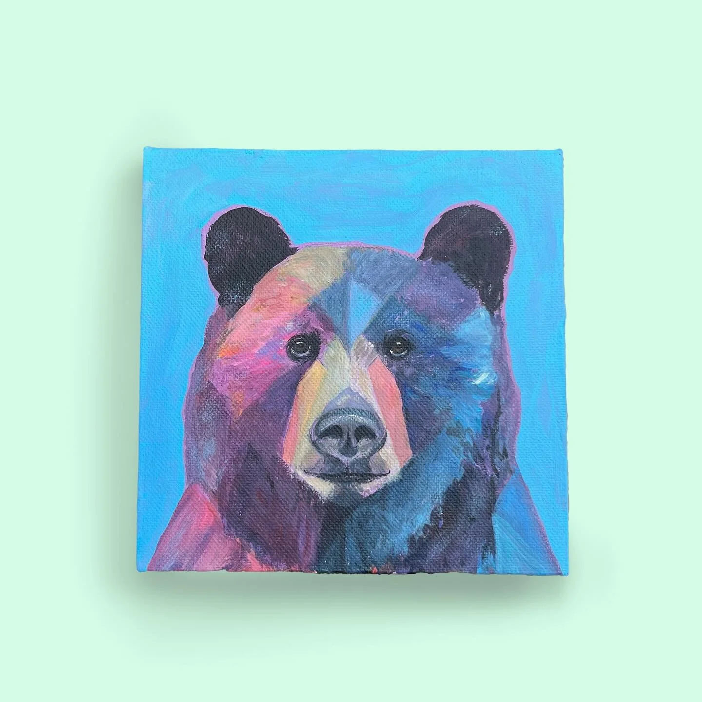 'Bearing it 2'
6&quot; x 6&quot;

Colourful, gentle bear 🧸

Leaning to make frames for these. Advice is appreciated!