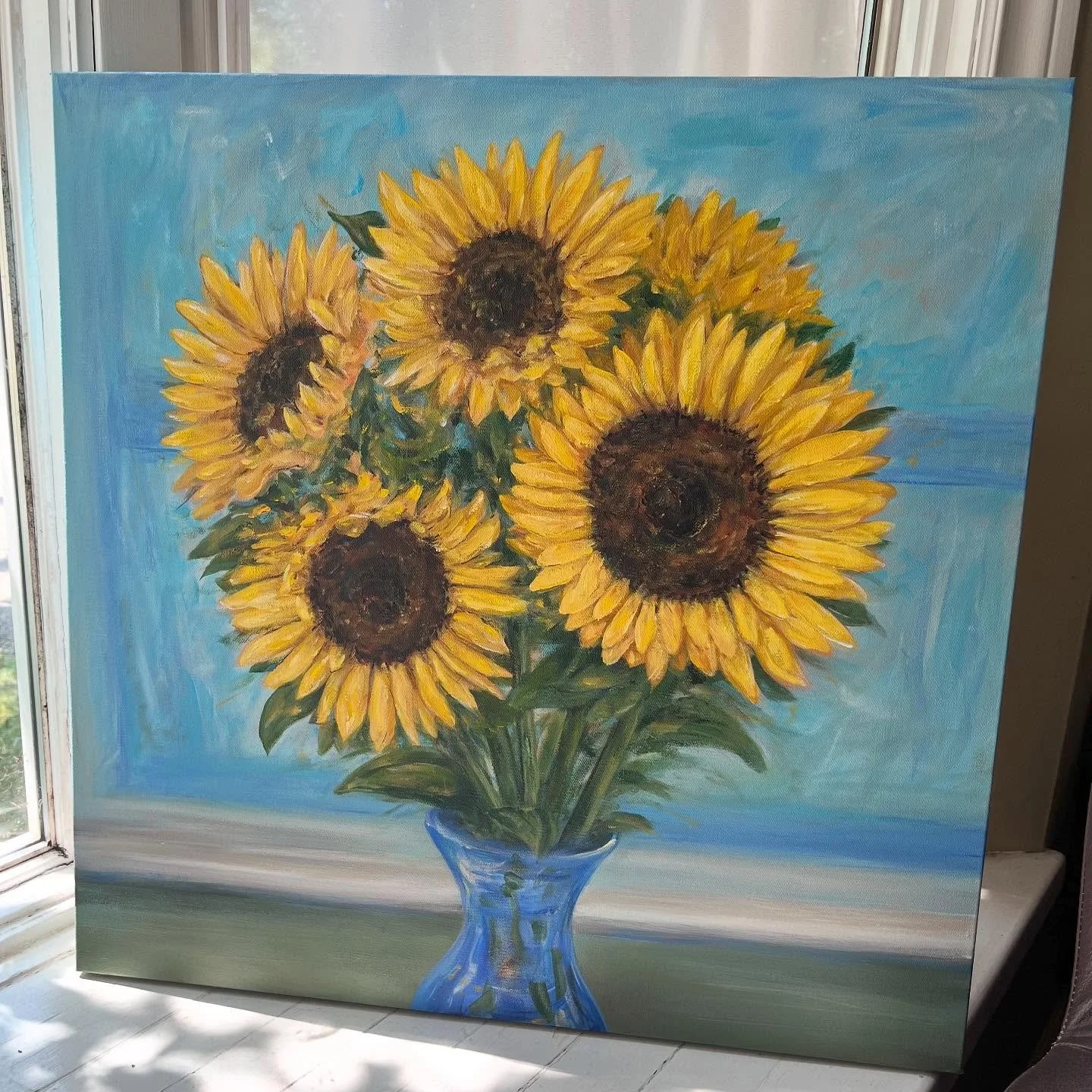 ☀️'Sunny'☀️
24&quot; x 24&quot; 
Textured acrylic painting on canvas.
In a moment of inspiration, 
I bought myself these vibrant sunflowers and immediately went home to paint them. I'm not sure if I've ever really done still life work - especially no