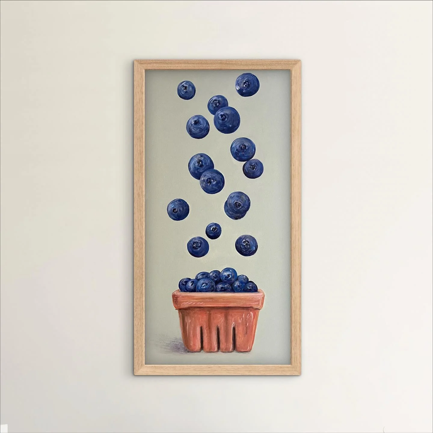 'Blueberry bubbles' 
15&quot; x 30&quot;
Inspired by my babe's love of bubbles (and blueberries).
I suppose you could see these blueberries as falling, or floating.
Just something fun and minimal.
