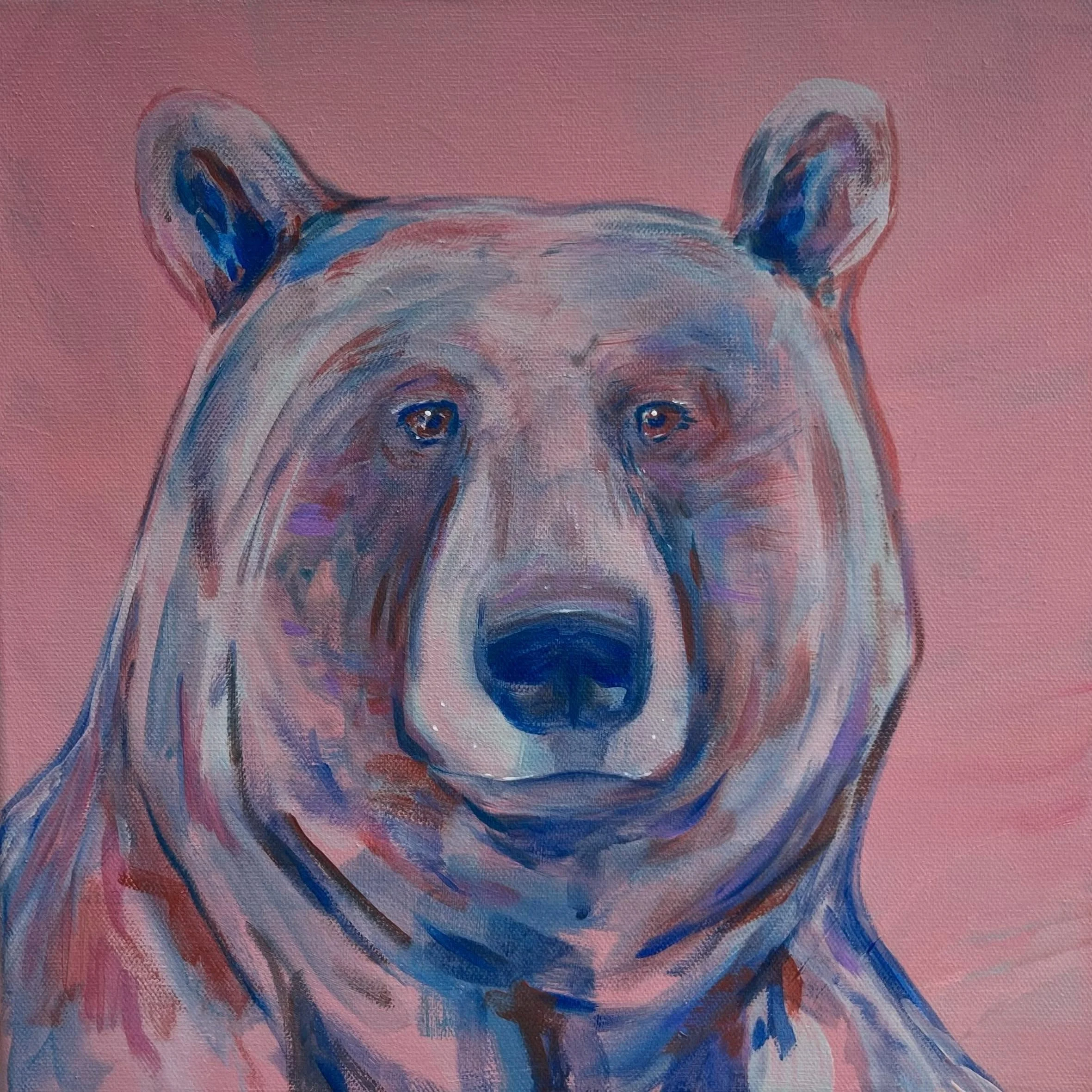 'Bubblegum Bear'
12" x 12"
A fun, colourfully silly bear. 

Knowing when to stop painting or step back is a big part of my process, and has been one of the most difficult parts to learn.
Lately I paint in batches so I don't get stuck overpa
