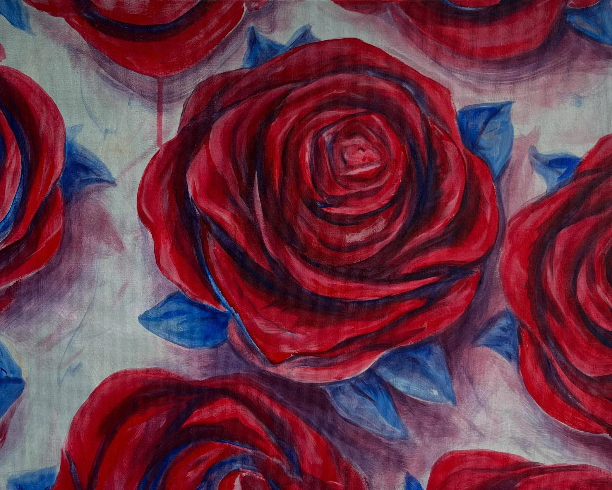 'Rose pattern'
2 x (16" x 20")
These roses were another experiment. I painted several roses back to back and found that I kept trying to control them. These were the first ones I did without a reference and I forced myself to stop between l