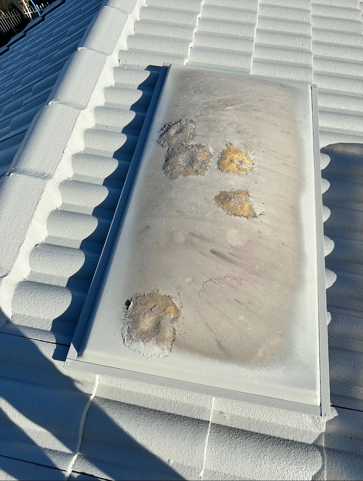 A roof vent on a white metal roof with peeling paint and rust spots.