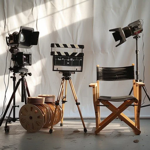 Collection of filmmaking equipment including a camera on a tripod, a clapperboard on a tripod, a film reel, and studio lighting, with a white backdrop.