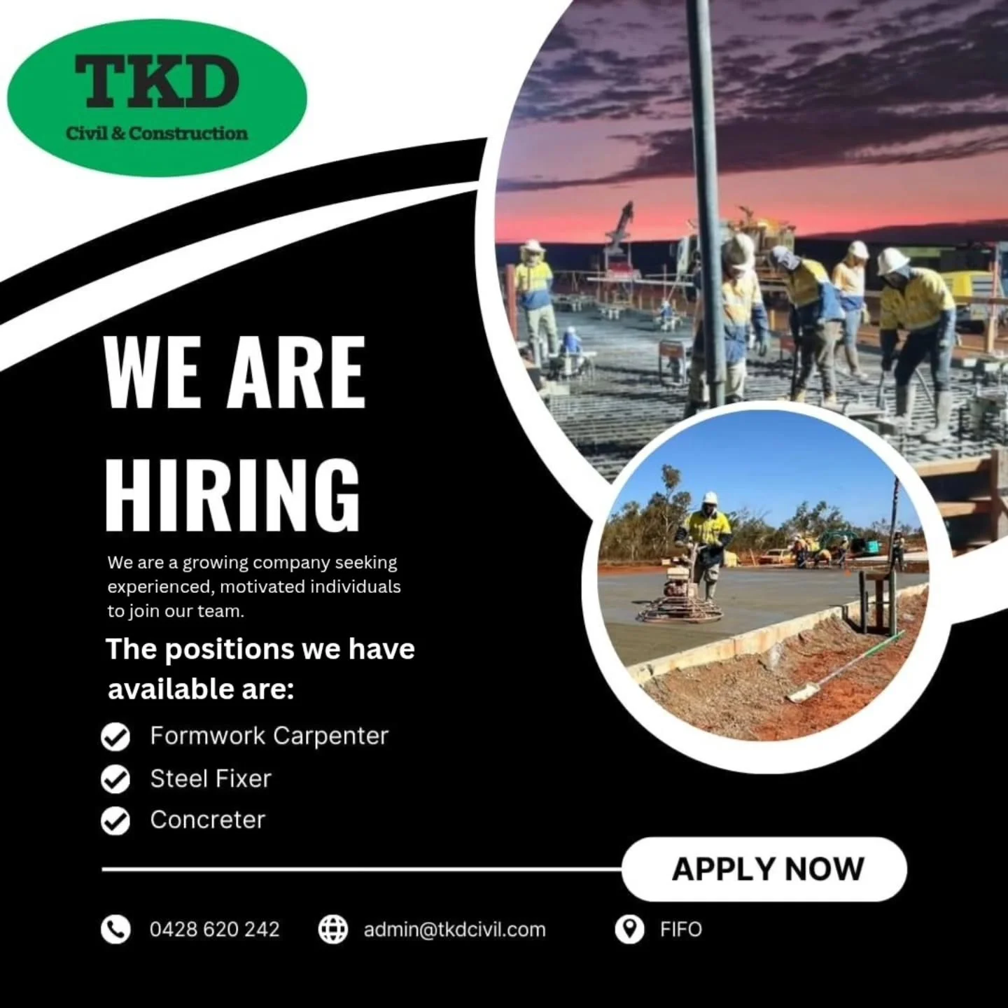 📣 WE ARE HIRING 📣

Follow the link below or send your CV to admin@tkdcivil.com

Contact &mdash; TKD Civil and Construction https://share.google/8hhFrDpPSntxZNFVZ

Get in touch today!