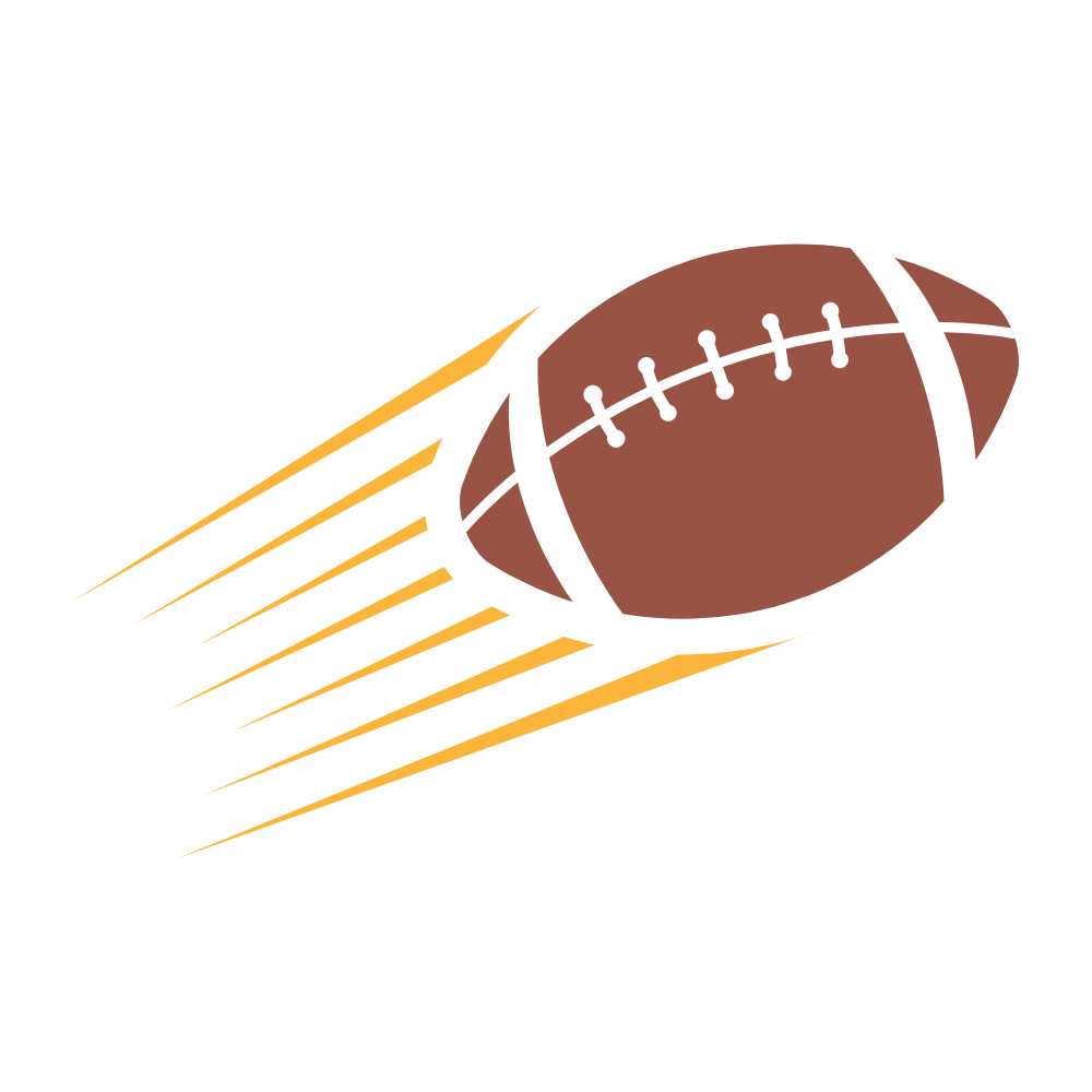 Illustration of a brown American football with white laces moving quickly, leaving yellow motion lines behind it.