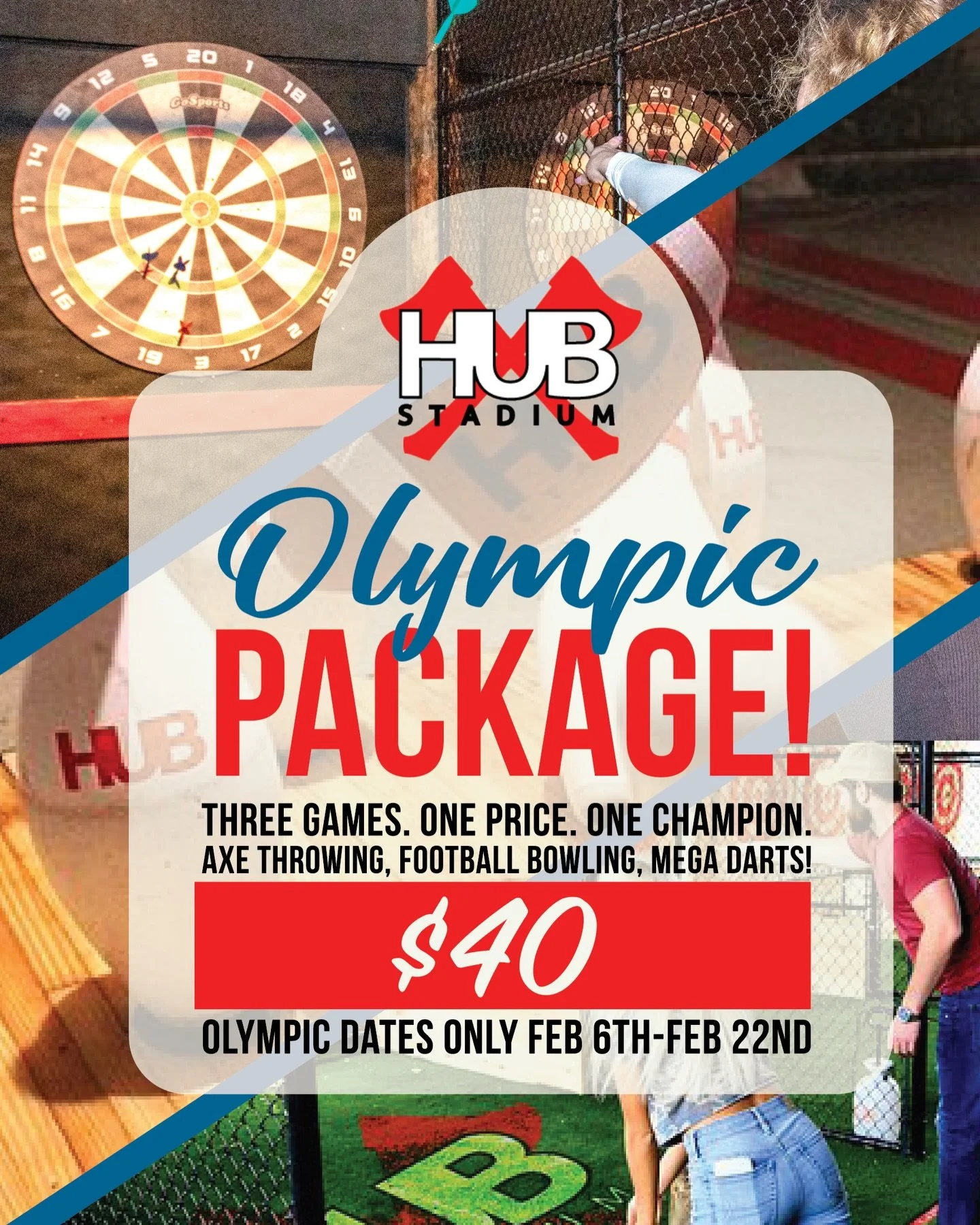 Three games. One price. One champion.
Our Olympic Package is $40 per person for up to four players and includes Axe Throwing, Football Bowling, and Mega Darts.
Limited time only during the Olympics, Feb 6&ndash;22.

Book now at link in bio!