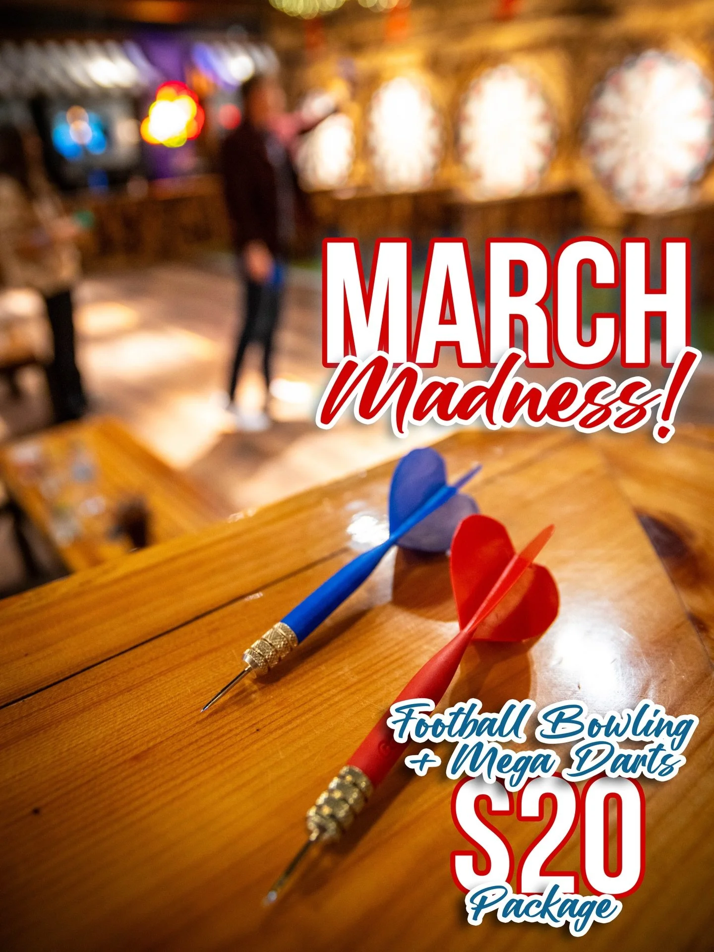 LET THE MADNESS BEGIN! 
Double the games. 
Double the competition. 

Get in on the action for just $20:
🏈 Football Bowling (1 hour)
🎯 Darts (1 hour)
Two games. One price. Zero excuses.

⚠️ Advance booking required. Spots are limited.  Reserve yours