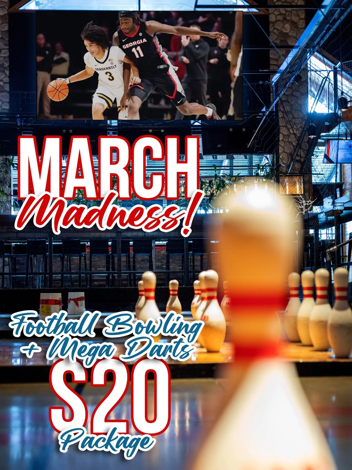 IT&rsquo;S CRUNCH TIME! 🏀 This is your last chance to rally the crew and go all out!

🏈 Battle it out in Football Bowling (1 Hour)
🎯 Go shot-for-shot in Mega Darts (1 Hour)
📺 Catch every play, buzzer-beater, and upset LIVE!

All for just $20 per 